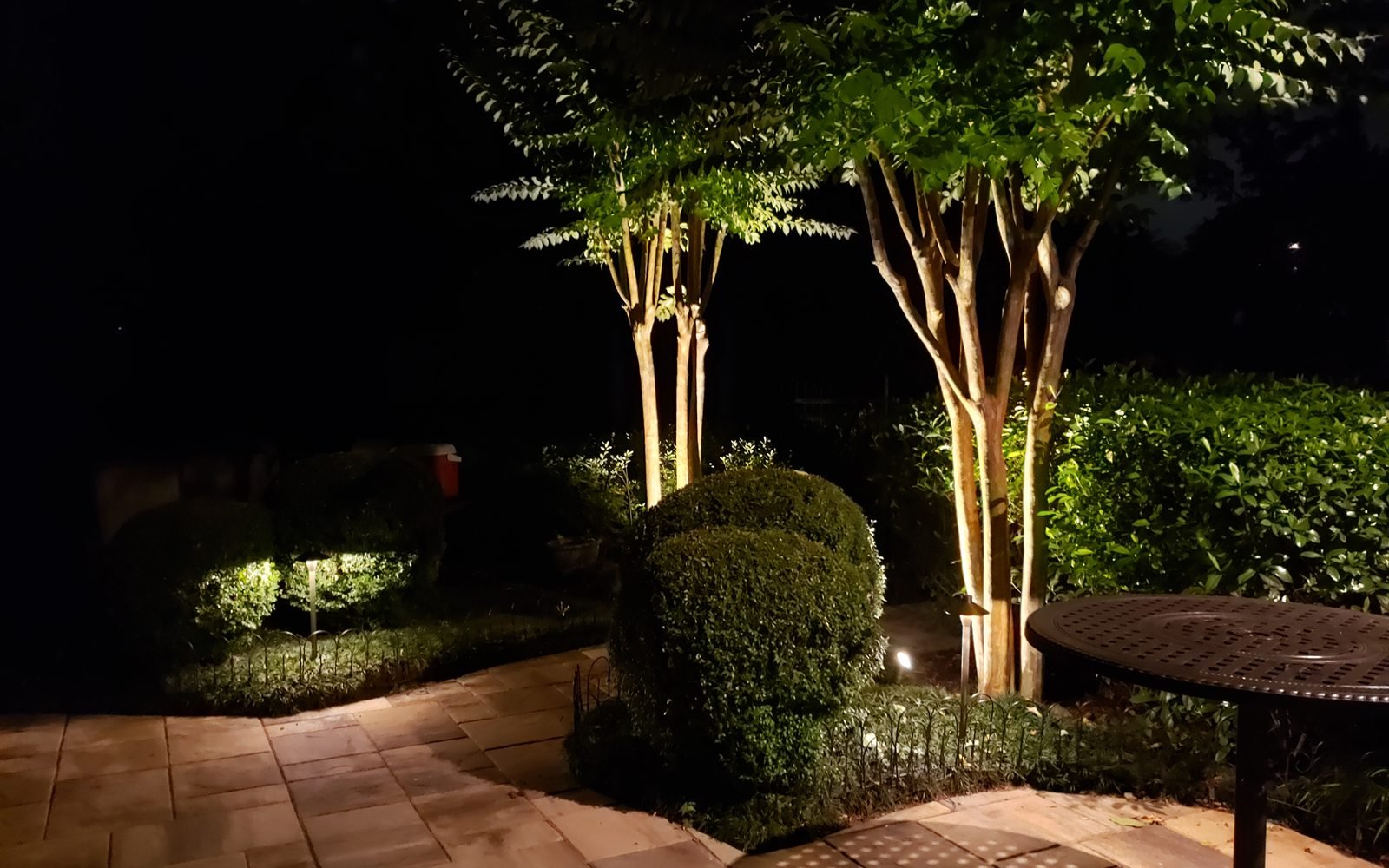 Landscape lighting uplighting a crepe myrtle over a paver patio at night